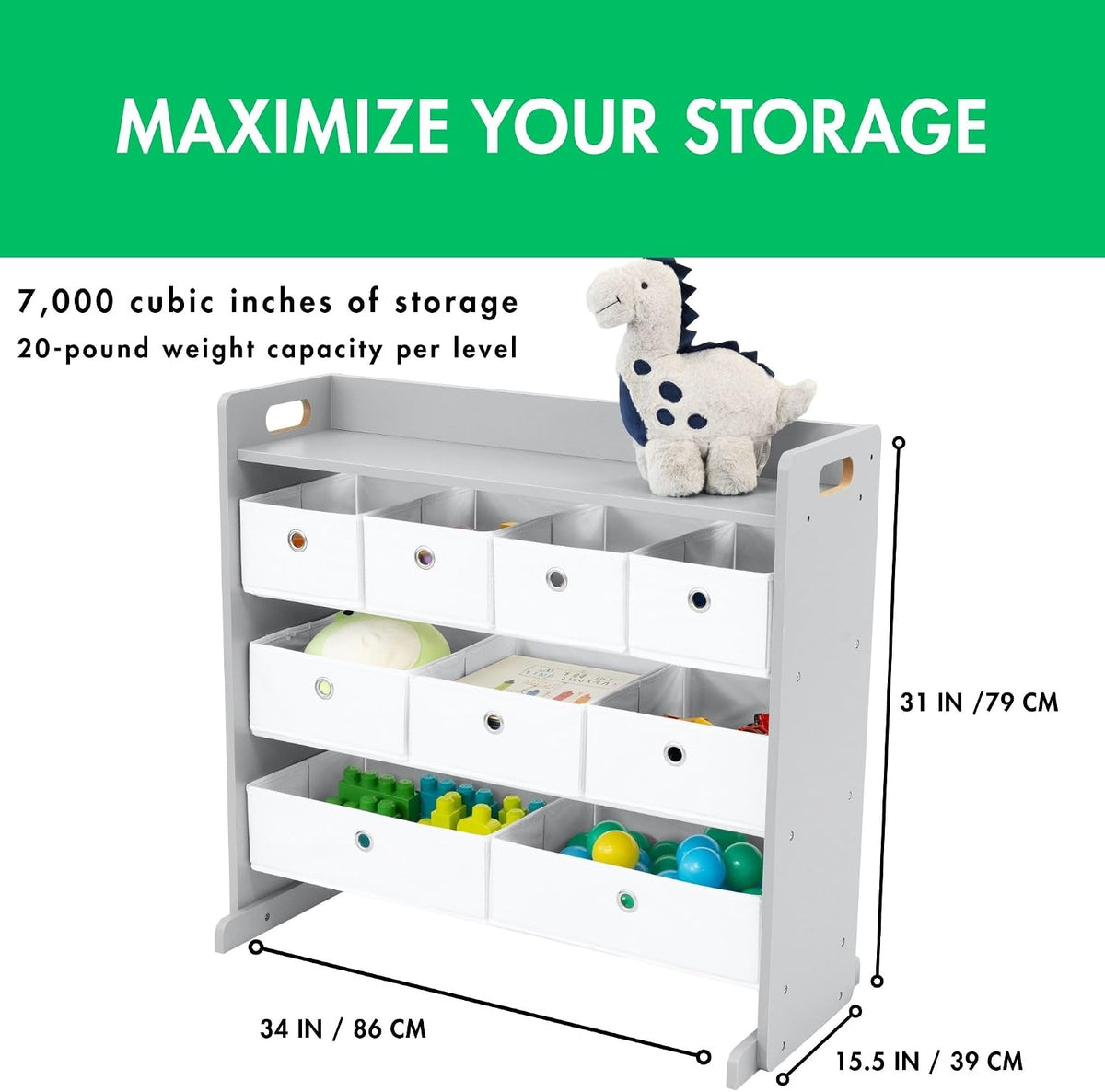 Kids Toy Organizer with 9 Fabric Bins, 3 Tier Storage Shelf