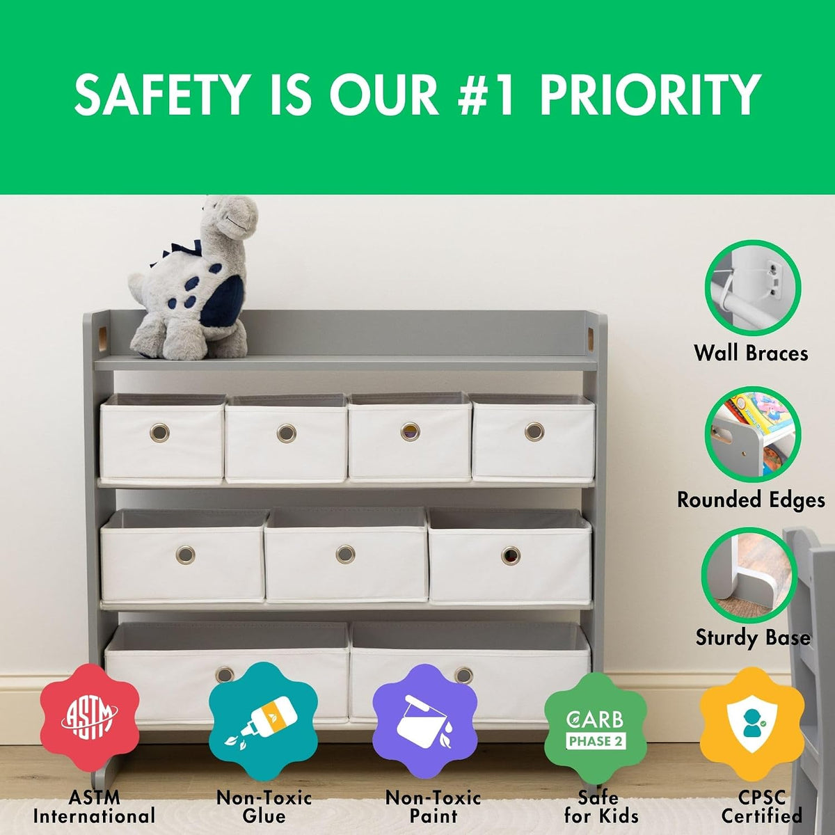 Kids Toy Organizer with 9 Fabric Bins, 3 Tier Storage Shelf
