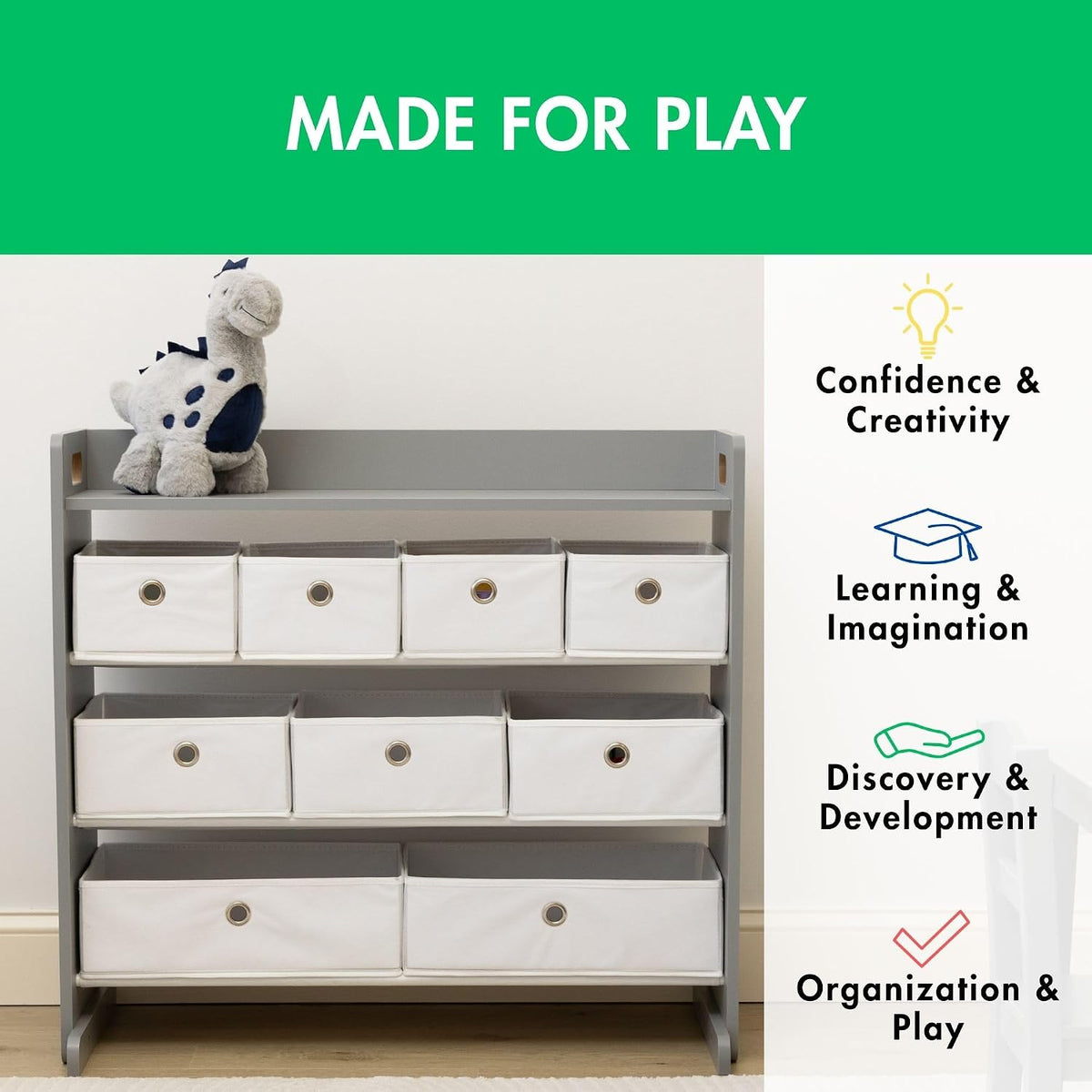 Kids Toy Organizer with 9 Fabric Bins, 3 Tier Storage Shelf