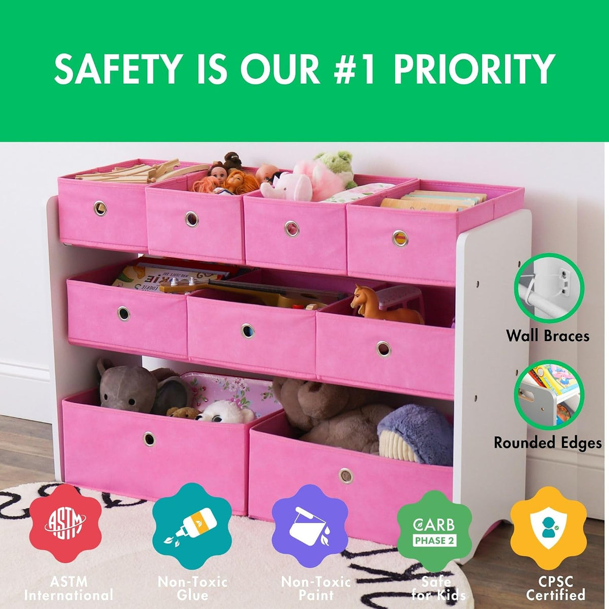 Kids Toy Organizer with 9 Fabric Bins, 3 Tier Storage Shelf