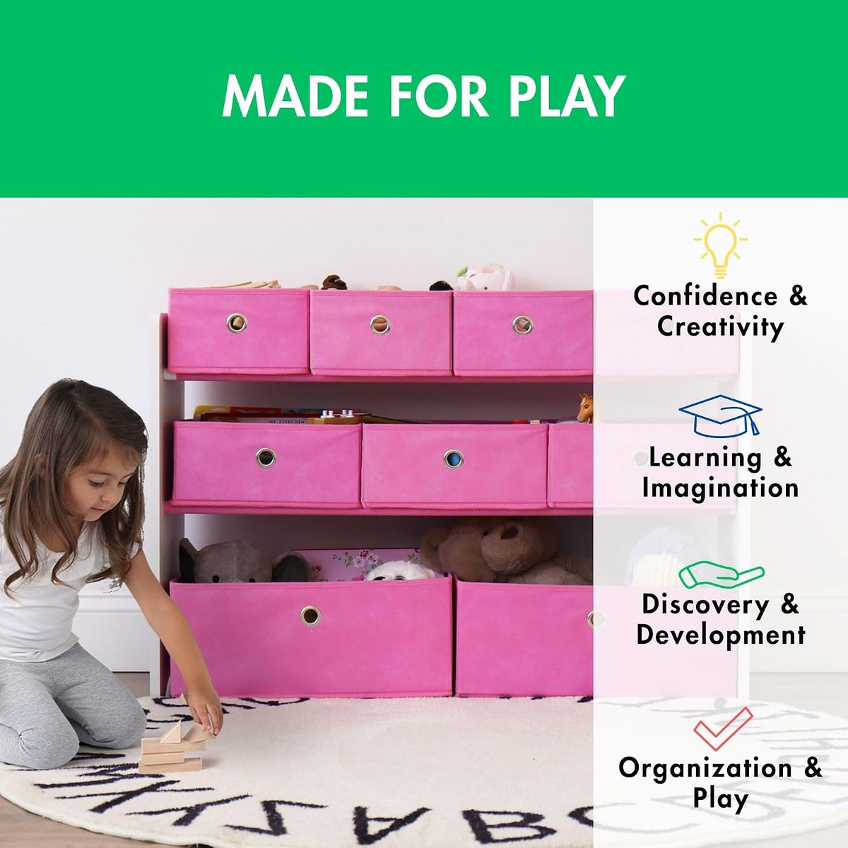 Kids Toy Organizer with 9 Fabric Bins, 3 Tier Storage Shelf