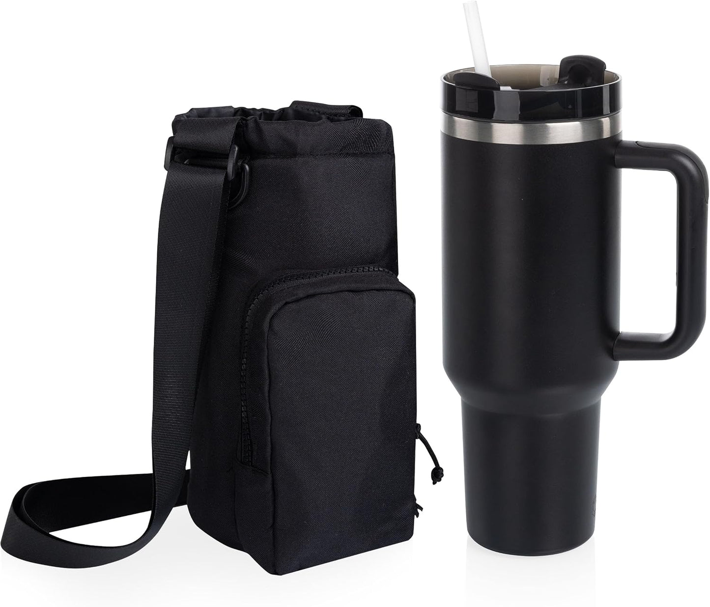 PICNIC TIME Eclipse Tumbler Tote with 40oz Stainless Travel Mug, Eco-Friendly Water Bottle Sling Bag, Crossbody Cup Holder with Phone Pocket & Strap, Recycled Fabric Drink Carrier & Tote (Gray)