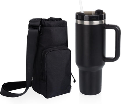 PICNIC TIME Eclipse Tumbler Tote with 40oz Stainless Travel Mug, Eco-Friendly Water Bottle Sling Bag, Crossbody Cup Holder with Phone Pocket & Strap, Recycled Fabric Drink Carrier & Tote (Gray)
