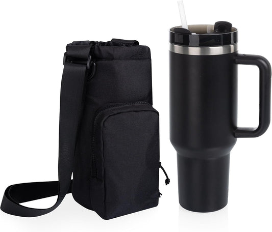 PICNIC TIME Eclipse Tumbler Tote with 40oz Stainless Travel Mug, Eco-Friendly Water Bottle Sling Bag, Crossbody Cup Holder with Phone Pocket & Strap, Recycled Fabric Drink Carrier & Tote (Gray)