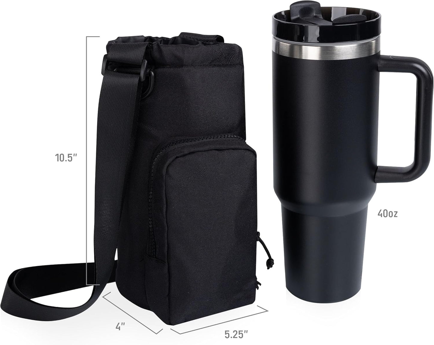 PICNIC TIME Eclipse Tumbler Tote with 40oz Stainless Travel Mug, Eco-Friendly Water Bottle Sling Bag, Crossbody Cup Holder with Phone Pocket & Strap, Recycled Fabric Drink Carrier & Tote (Gray)