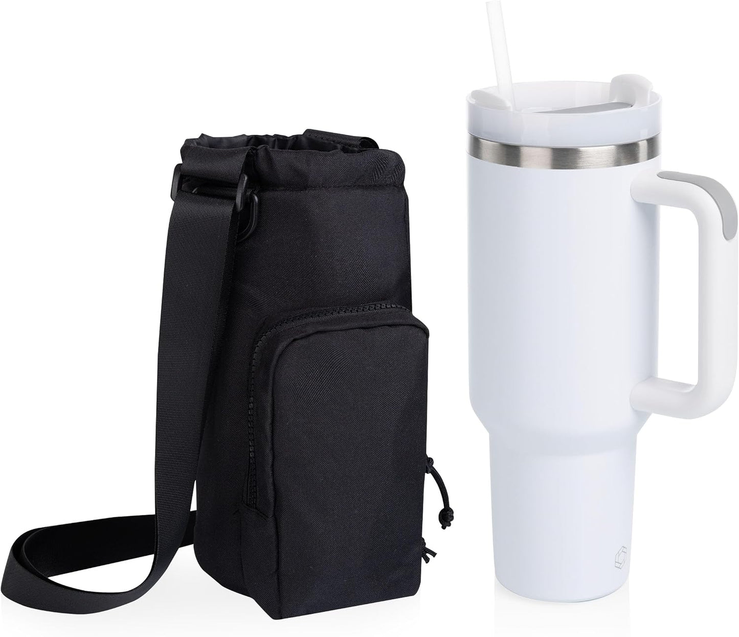 PICNIC TIME Eclipse Tumbler Tote with 40oz Stainless Travel Mug, Eco-Friendly Water Bottle Sling Bag, Crossbody Cup Holder with Phone Pocket & Strap, Recycled Fabric Drink Carrier & Tote (Gray)