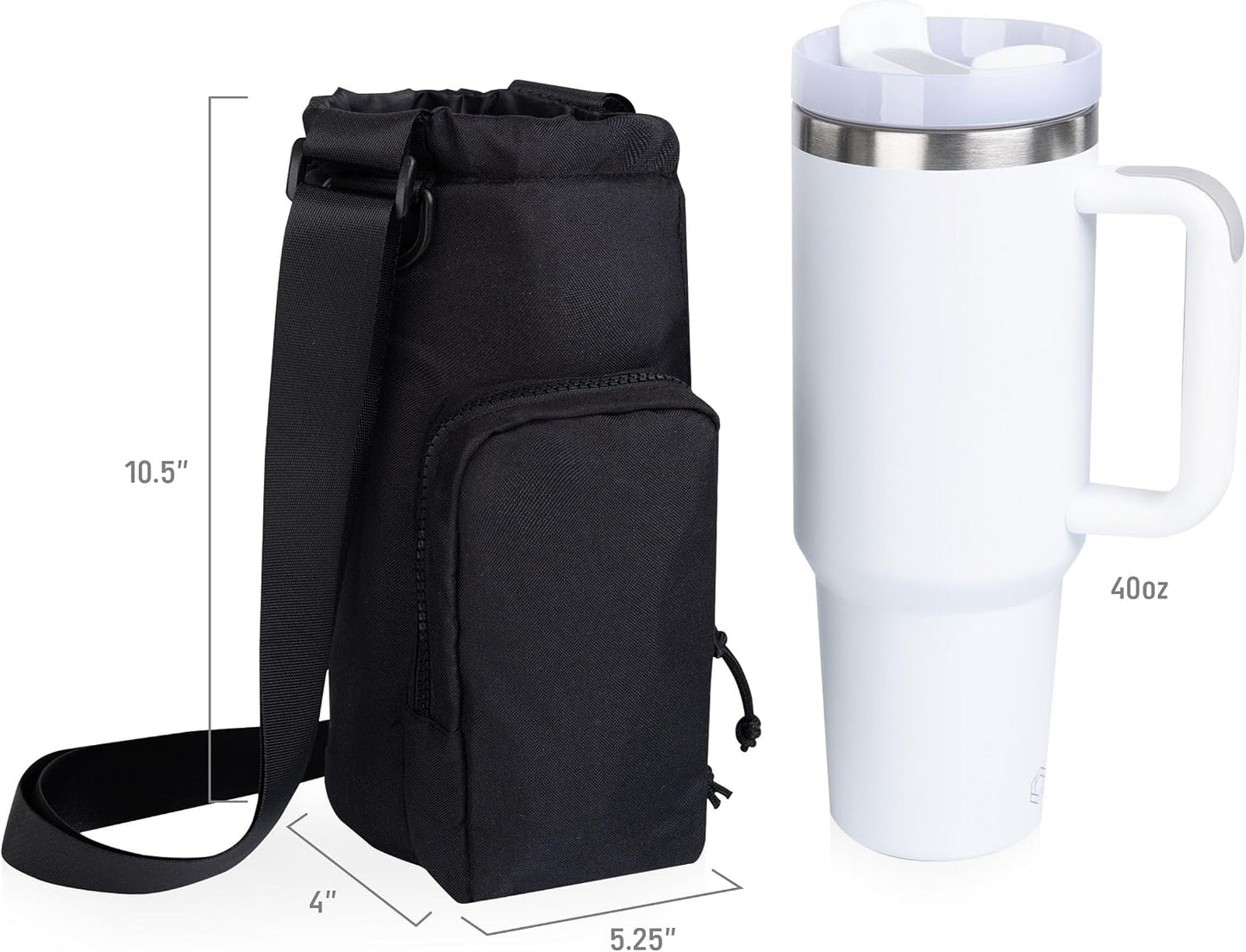 PICNIC TIME Eclipse Tumbler Tote with 40oz Stainless Travel Mug, Eco-Friendly Water Bottle Sling Bag, Crossbody Cup Holder with Phone Pocket & Strap, Recycled Fabric Drink Carrier & Tote (Gray)