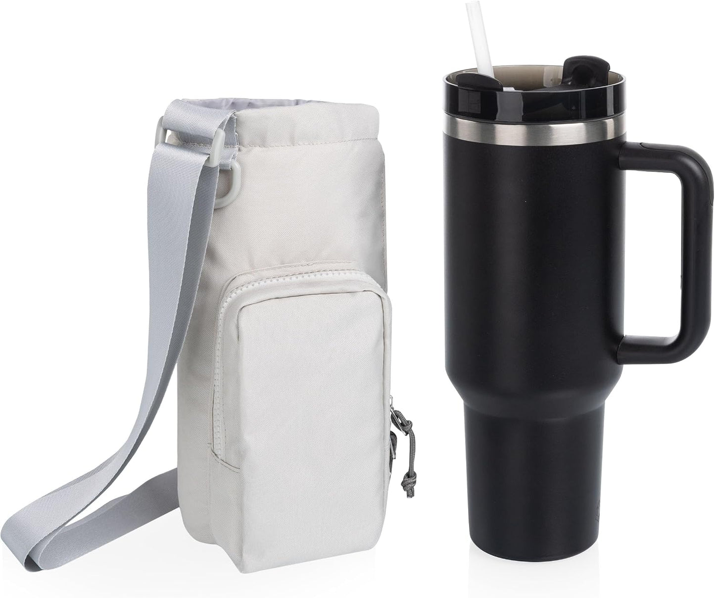 PICNIC TIME Eclipse Tumbler Tote with 40oz Stainless Travel Mug, Eco-Friendly Water Bottle Sling Bag, Crossbody Cup Holder with Phone Pocket & Strap, Recycled Fabric Drink Carrier & Tote (Gray)