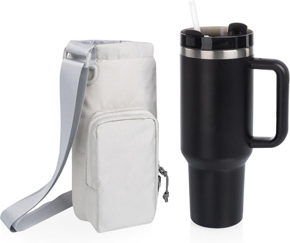 PICNIC TIME Eclipse Tumbler Tote with 40oz Stainless Travel Mug, Eco-Friendly Water Bottle Sling Bag, Crossbody Cup Holder with Phone Pocket & Strap, Recycled Fabric Drink Carrier & Tote (Gray)