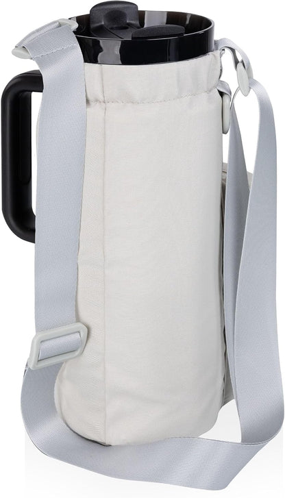 PICNIC TIME Eclipse Tumbler Tote with 40oz Stainless Travel Mug, Eco-Friendly Water Bottle Sling Bag, Crossbody Cup Holder with Phone Pocket & Strap, Recycled Fabric Drink Carrier & Tote (Gray)