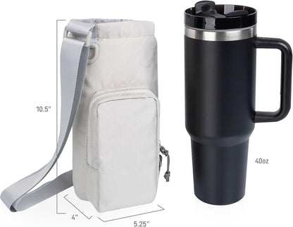 PICNIC TIME Eclipse Tumbler Tote with 40oz Stainless Travel Mug, Eco-Friendly Water Bottle Sling Bag, Crossbody Cup Holder with Phone Pocket & Strap, Recycled Fabric Drink Carrier & Tote (Gray)