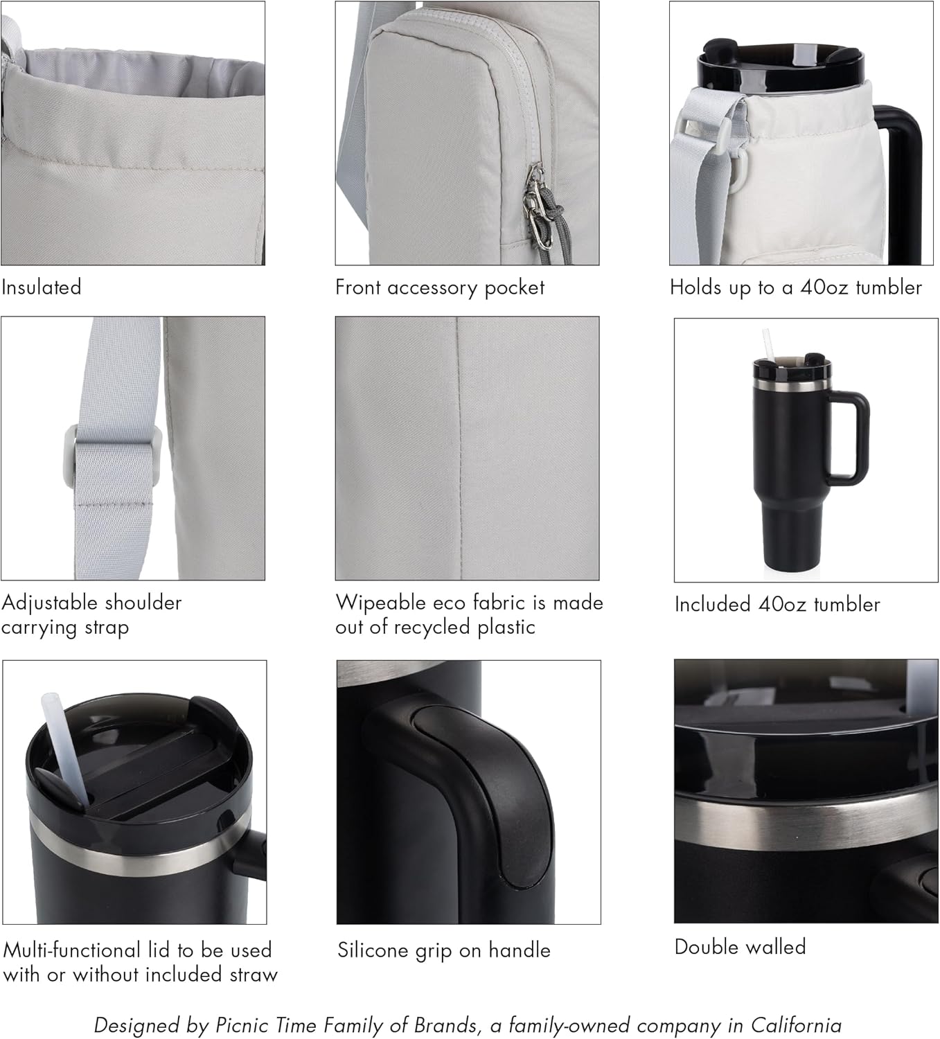 PICNIC TIME Eclipse Tumbler Tote with 40oz Stainless Travel Mug, Eco-Friendly Water Bottle Sling Bag, Crossbody Cup Holder with Phone Pocket & Strap, Recycled Fabric Drink Carrier & Tote (Gray)