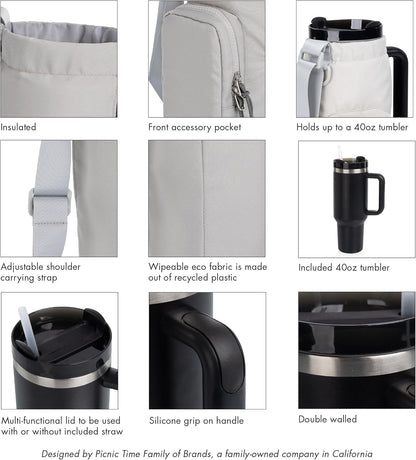 PICNIC TIME Eclipse Tumbler Tote with 40oz Stainless Travel Mug, Eco-Friendly Water Bottle Sling Bag, Crossbody Cup Holder with Phone Pocket & Strap, Recycled Fabric Drink Carrier & Tote (Gray)