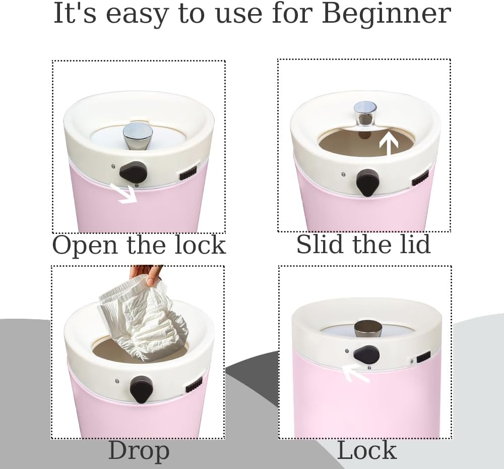 Diaper Pail, Baby Diaper Trash Can, Pink Garbage Pail with Lid