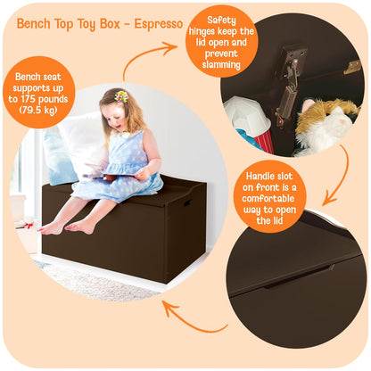 Bench-Top Wooden Toy Box - Kids Storage Chest and Bench Combo with Dual Safety Hinges, Side Handles, Front Slot - Organizer for Toys and Essentials - Espresso
