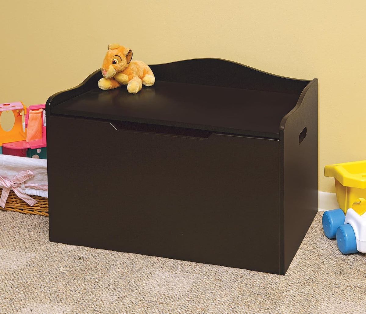 Bench-Top Wooden Toy Box - Kids Storage Chest and Bench Combo with Dual Safety Hinges, Side Handles, Front Slot - Organizer for Toys and Essentials - Espresso