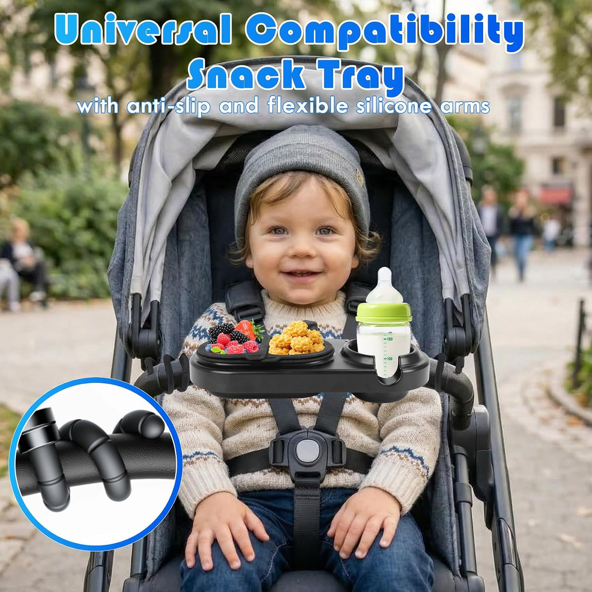 Snack Tray for Stroller, 3-in-1 Universal Stroller Snack Tray, Cup Holder & Dual Compartments - Detachable Tray Attachment for Baby & Toddler - Fits Most Strollers, BPA-Free