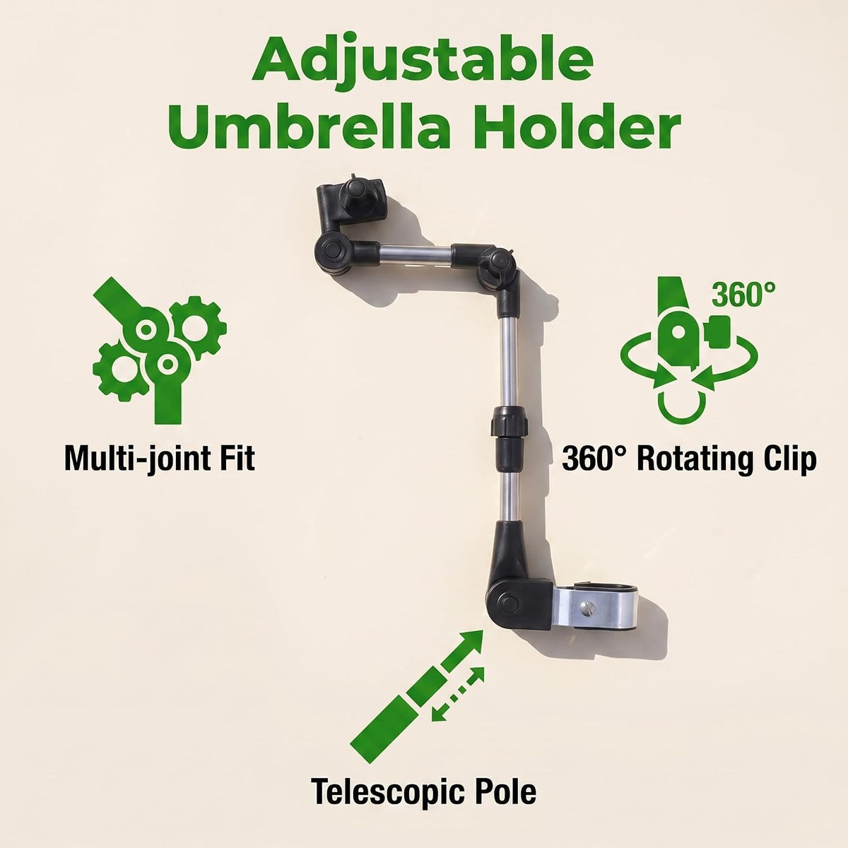 Stroller Umbrella Attachment,Umbrellas Connector Clip to Handlebar,Holder for Stroller,360 Degree Adjustable Universal Clamp for Golf Cart,Wheelchair, Beach Chair,Fishing, Beach Camping Gear