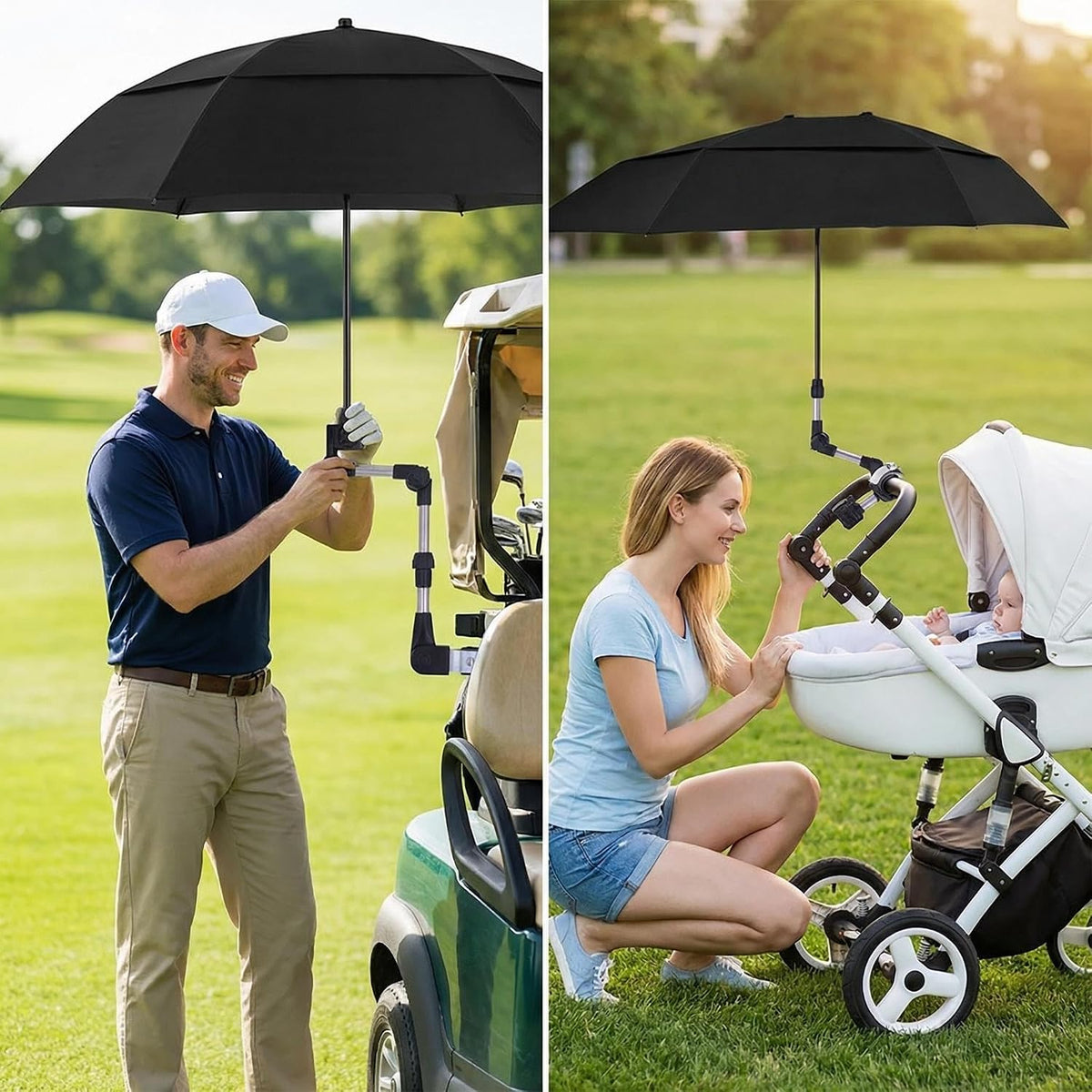 Stroller Umbrella Attachment,Umbrellas Connector Clip to Handlebar,Holder for Stroller,360 Degree Adjustable Universal Clamp for Golf Cart,Wheelchair, Beach Chair,Fishing, Beach Camping Gear
