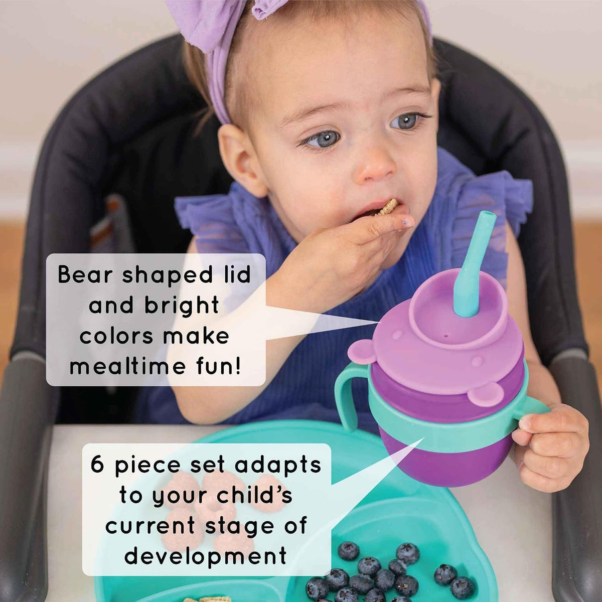Easy Learn Drink and Snack Set – Baby + Toddler Silicone Learning Cup & Snack Set, Training Cup for Straw and Open Cup Independence – Dishwasher Safe (Grape)