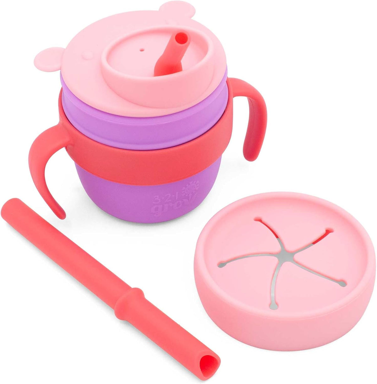 Easy Learn Drink and Snack Set – Baby + Toddler Silicone Learning Cup & Snack Set, Training Cup for Straw and Open Cup Independence – Dishwasher Safe (Grape)