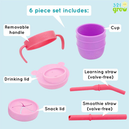 Easy Learn Drink and Snack Set – Baby + Toddler Silicone Learning Cup & Snack Set, Training Cup for Straw and Open Cup Independence – Dishwasher Safe (Grape)
