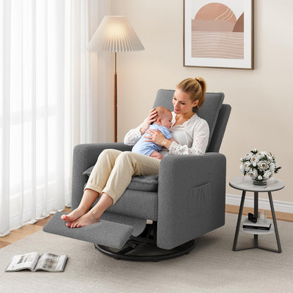Swivel Glider Recliner for Indoor, Nursery Rocker Chair Upholstered Single Sofa with Side Pockets and Footrest for Living Room Bedroom