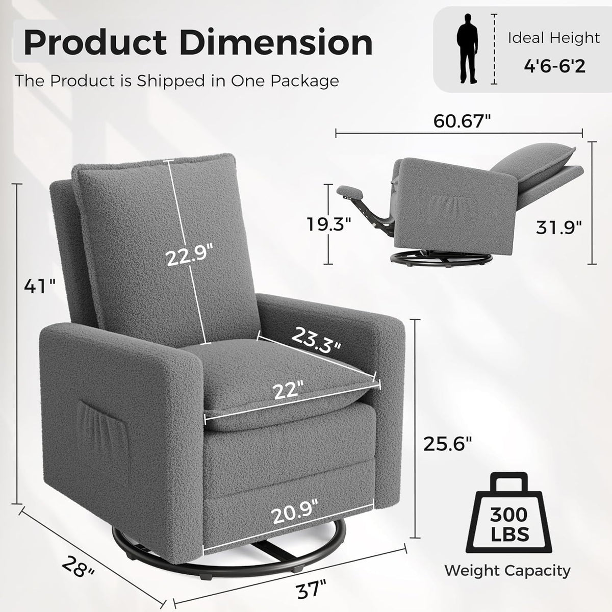 Swivel Glider Recliner for Indoor, Nursery Rocker Chair Upholstered Single Sofa with Side Pockets and Footrest for Living Room Bedroom