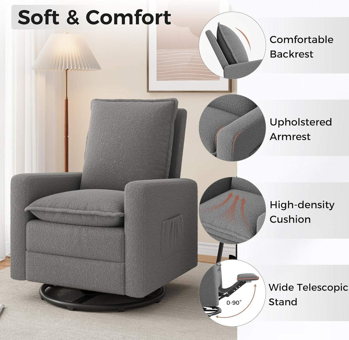 Swivel Glider Recliner for Indoor, Nursery Rocker Chair Upholstered Single Sofa with Side Pockets and Footrest for Living Room Bedroom