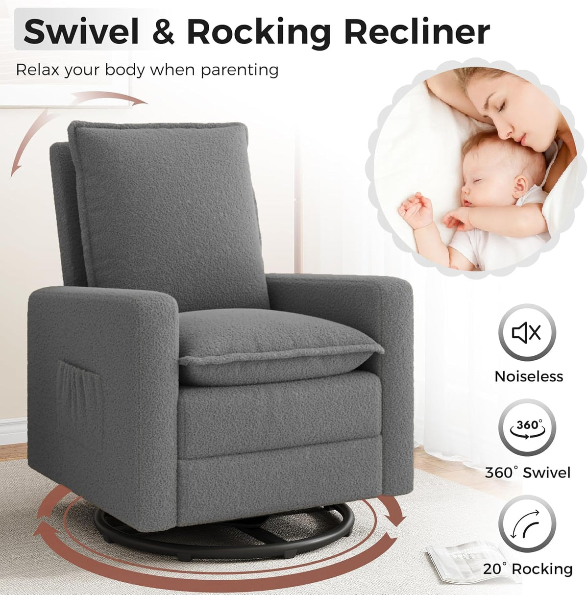 Swivel Glider Recliner for Indoor, Nursery Rocker Chair Upholstered Single Sofa with Side Pockets and Footrest for Living Room Bedroom