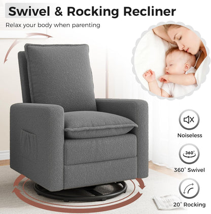 Swivel Glider Recliner for Indoor, Nursery Rocker Chair Upholstered Single Sofa with Side Pockets and Footrest for Living Room Bedroom