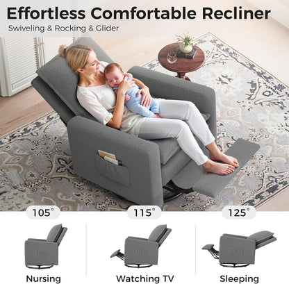 Swivel Glider Recliner for Indoor, Nursery Rocker Chair Upholstered Single Sofa with Side Pockets and Footrest for Living Room Bedroom