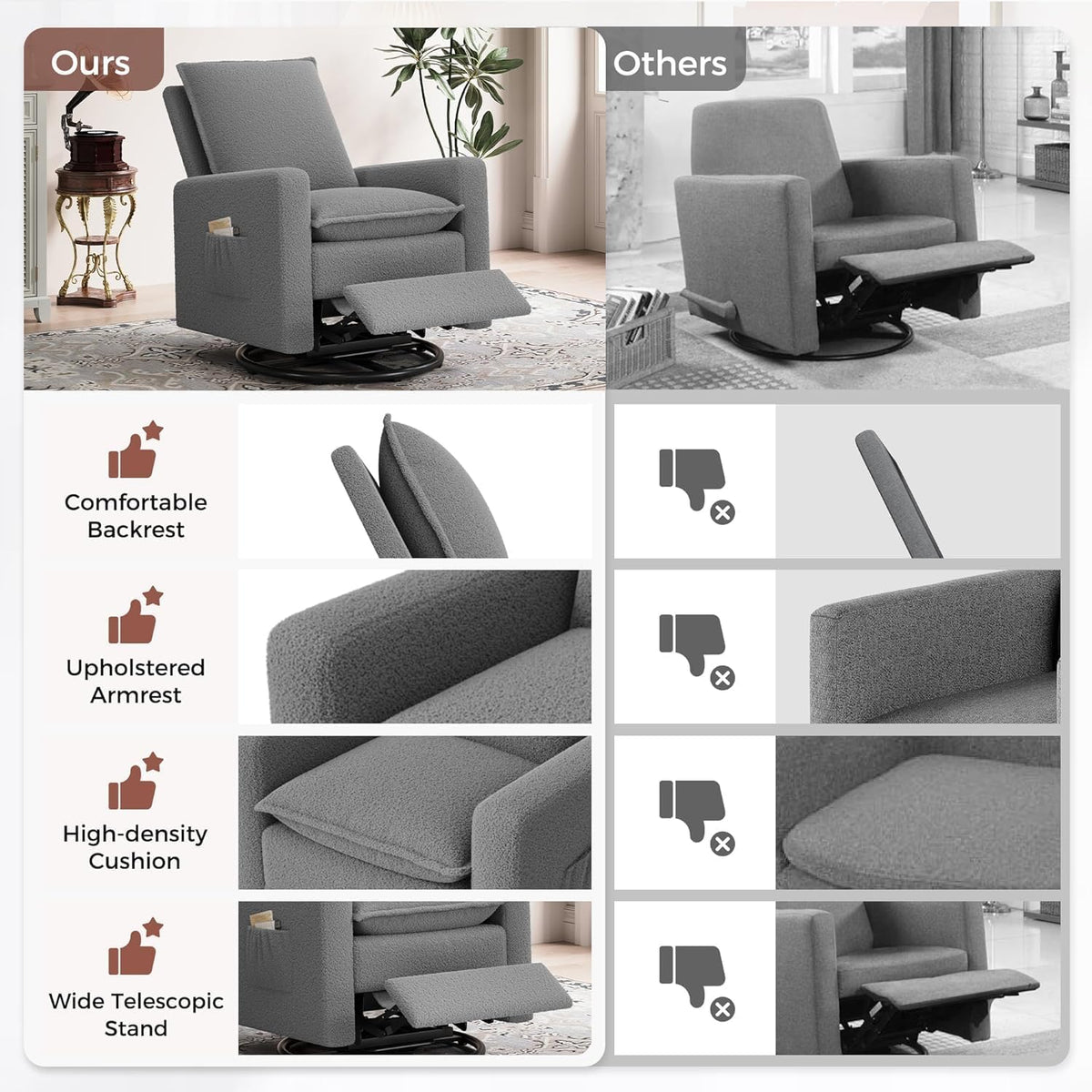 Swivel Glider Recliner for Indoor, Nursery Rocker Chair Upholstered Single Sofa with Side Pockets and Footrest for Living Room Bedroom