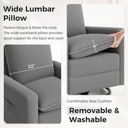Swivel Glider Recliner for Indoor, Nursery Rocker Chair Upholstered Single Sofa with Side Pockets and Footrest for Living Room Bedroom