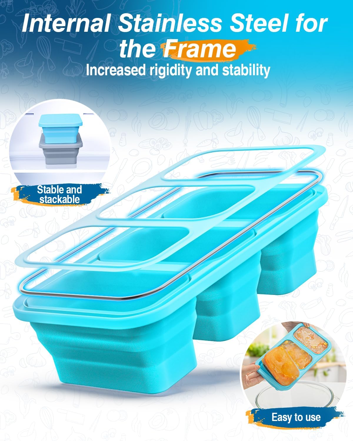 Silicone Freezer Trays With Lid, 2 Pack Collapsible Silicone Freezer Molds