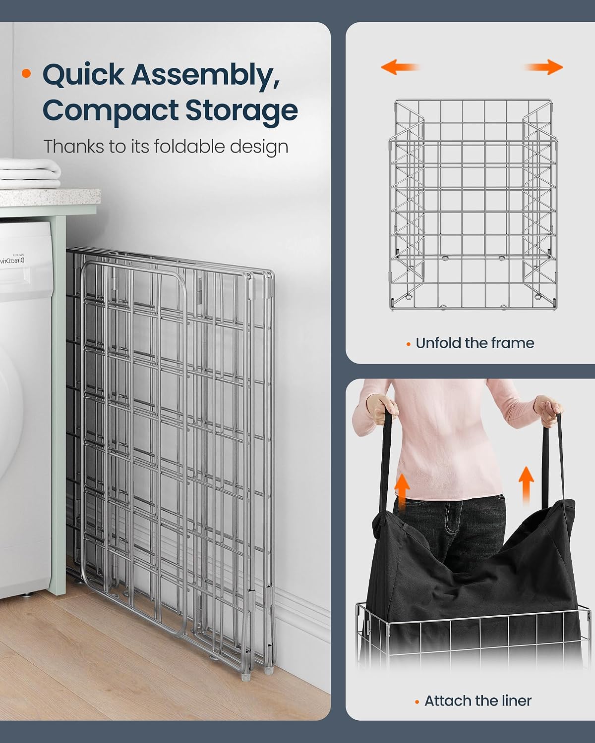 Laundry Basket, Foldable Laundry Hamper, Clothes Hamper, Removable Liner with Handles, for Bedroom, Bathroom, 23.8 Gal. (90 L), White
