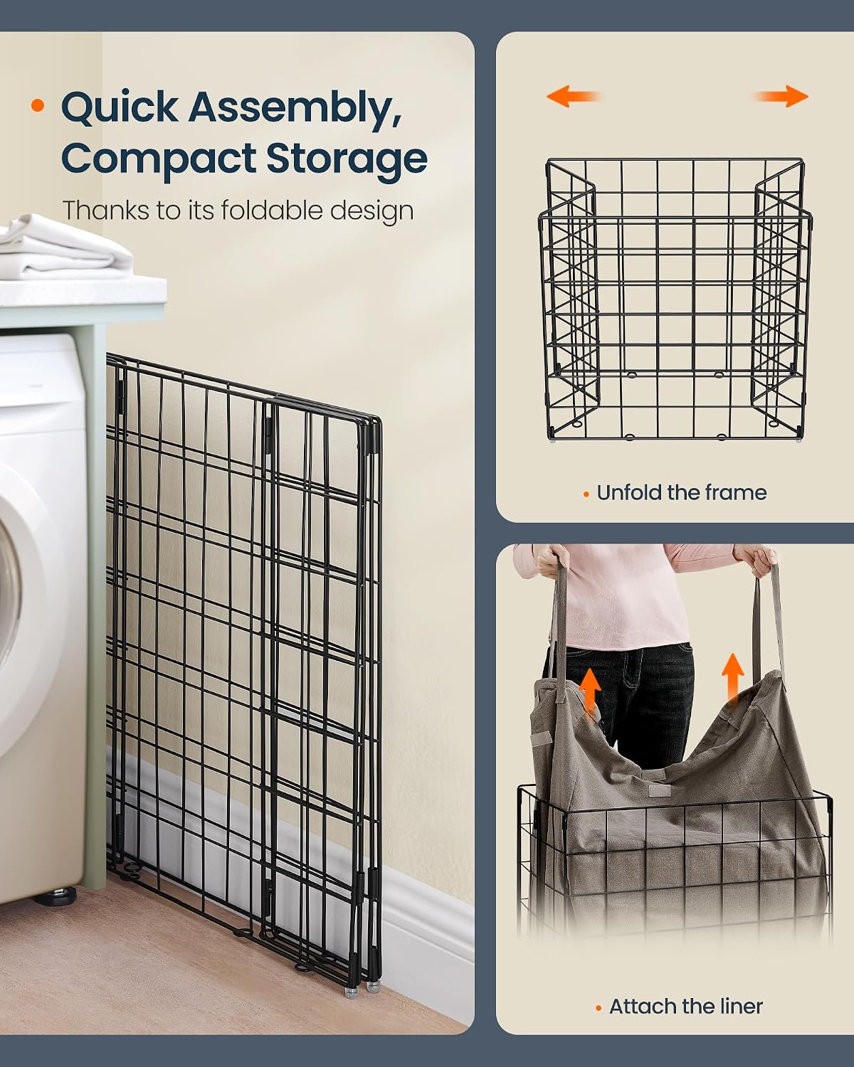Laundry Basket, Foldable Laundry Hamper, Clothes Hamper, Removable Liner with Handles, for Bedroom, Bathroom, 23.8 Gal. (90 L), White