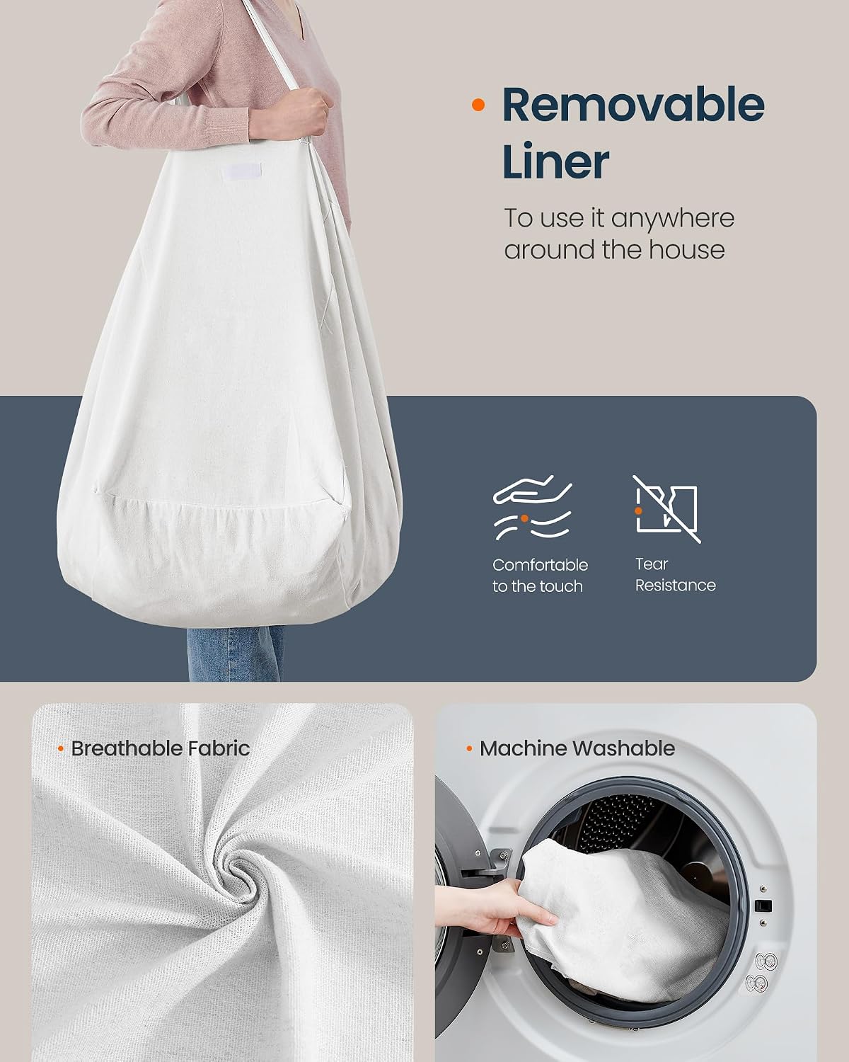 Laundry Basket, Foldable Laundry Hamper, Clothes Hamper, Removable Liner with Handles, for Bedroom, Bathroom, 23.8 Gal. (90 L), White
