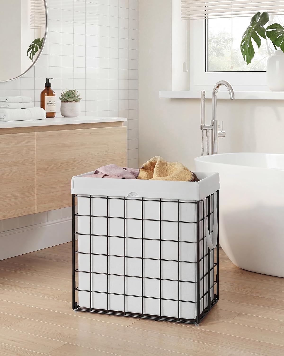 Laundry Basket, Foldable Laundry Hamper, Clothes Hamper, Removable Liner with Handles, for Bedroom, Bathroom, 23.8 Gal. (90 L), White