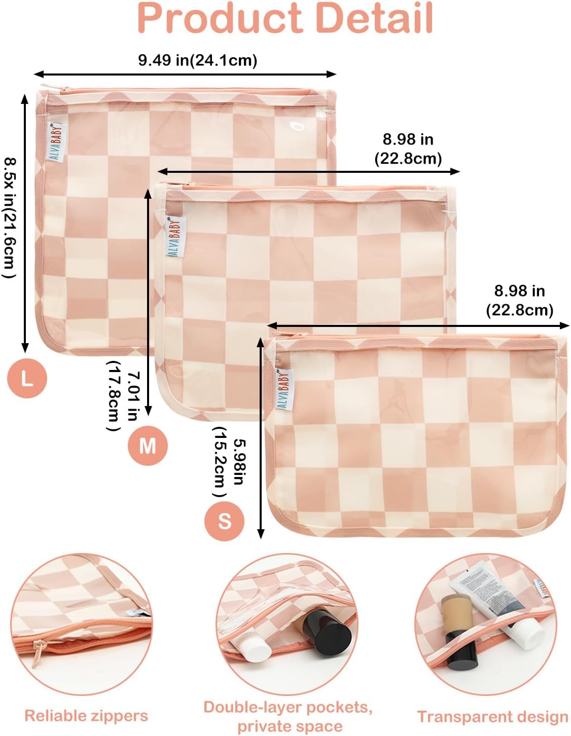 ALVA 3pcs Mess-Proof Travel Pouches | TSA Approved Toiletry Bag | Makeup Bag