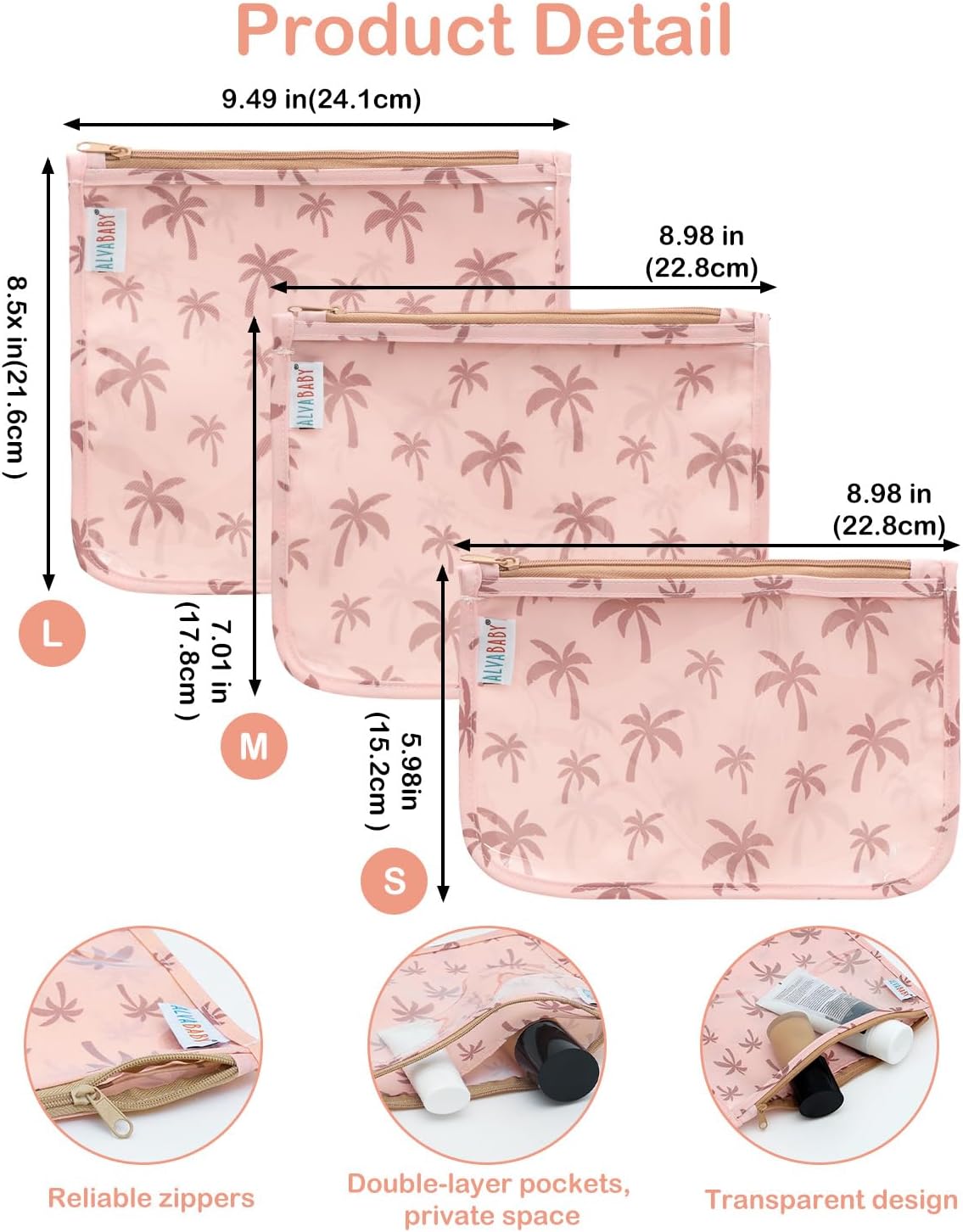 ALVA 3pcs Mess-Proof Travel Pouches | TSA Approved Toiletry Bag | Makeup Bag