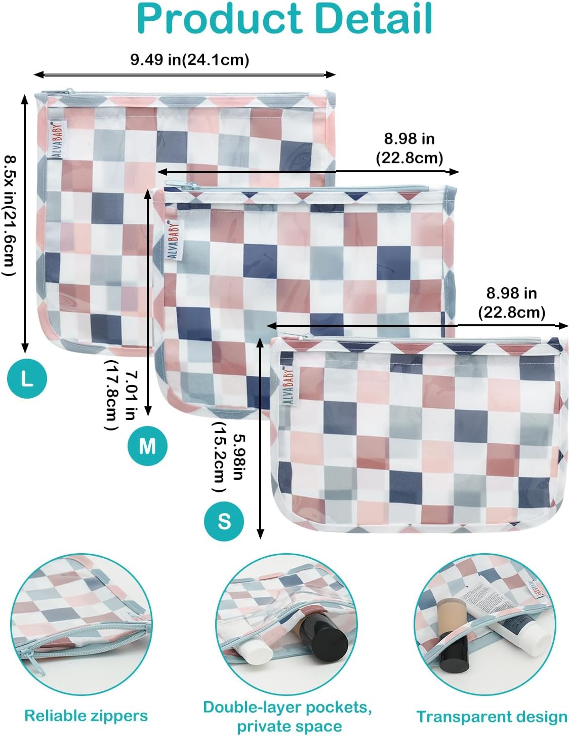 ALVA 3pcs Mess-Proof Travel Pouches | TSA Approved Toiletry Bag | Makeup Bag