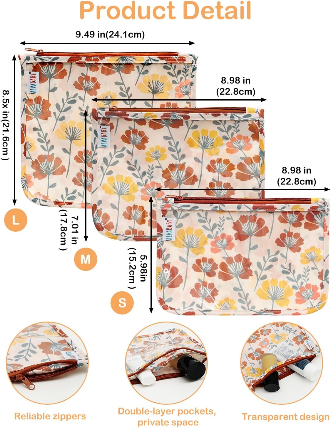 ALVA 3pcs Mess-Proof Travel Pouches | TSA Approved Toiletry Bag | Makeup Bag