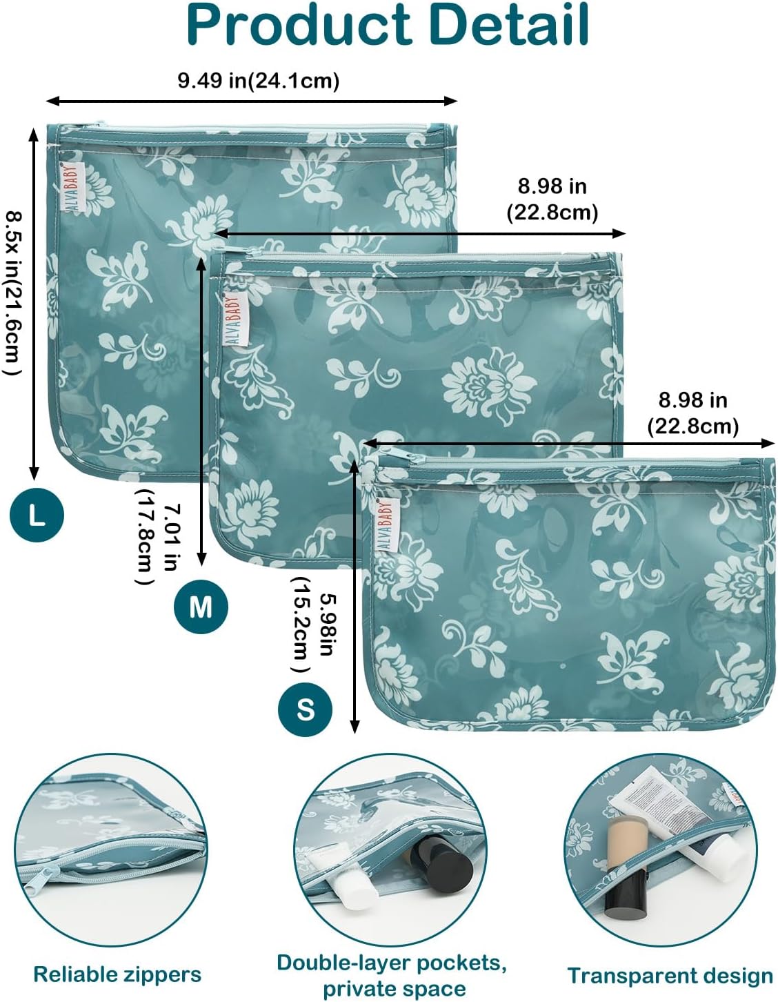 ALVA 3pcs Mess-Proof Travel Pouches | TSA Approved Toiletry Bag | Makeup Bag