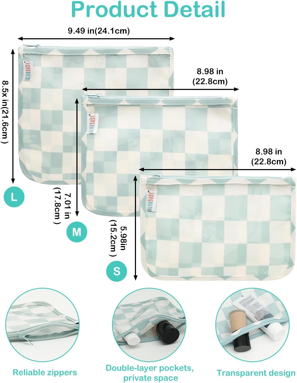 ALVA 3pcs Mess-Proof Travel Pouches | TSA Approved Toiletry Bag | Makeup Bag