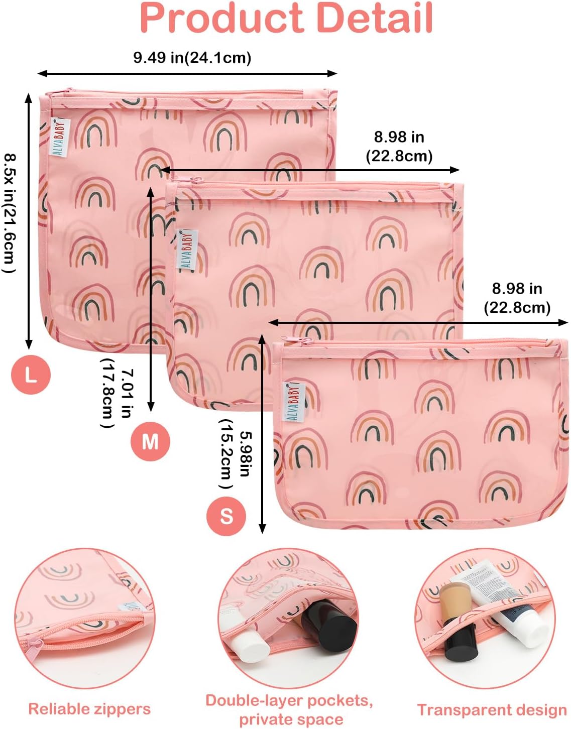 ALVA 3pcs Mess-Proof Travel Pouches | TSA Approved Toiletry Bag | Makeup Bag