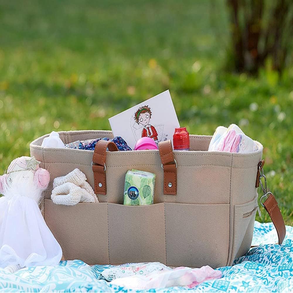 Baby Diaper Caddy Diaper Organizer Tote Bag Nursery Storage Basket Diaper Bag Felt Diaper Storage Bin for Car Travel (White)