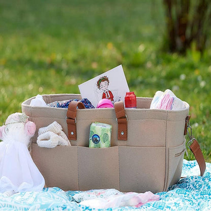 Baby Diaper Caddy Diaper Organizer Tote Bag Nursery Storage Basket Diaper Bag Felt Diaper Storage Bin for Car Travel (White)