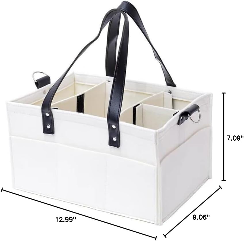 Baby Diaper Caddy Diaper Organizer Tote Bag Nursery Storage Basket Diaper Bag Felt Diaper Storage Bin for Car Travel (White)