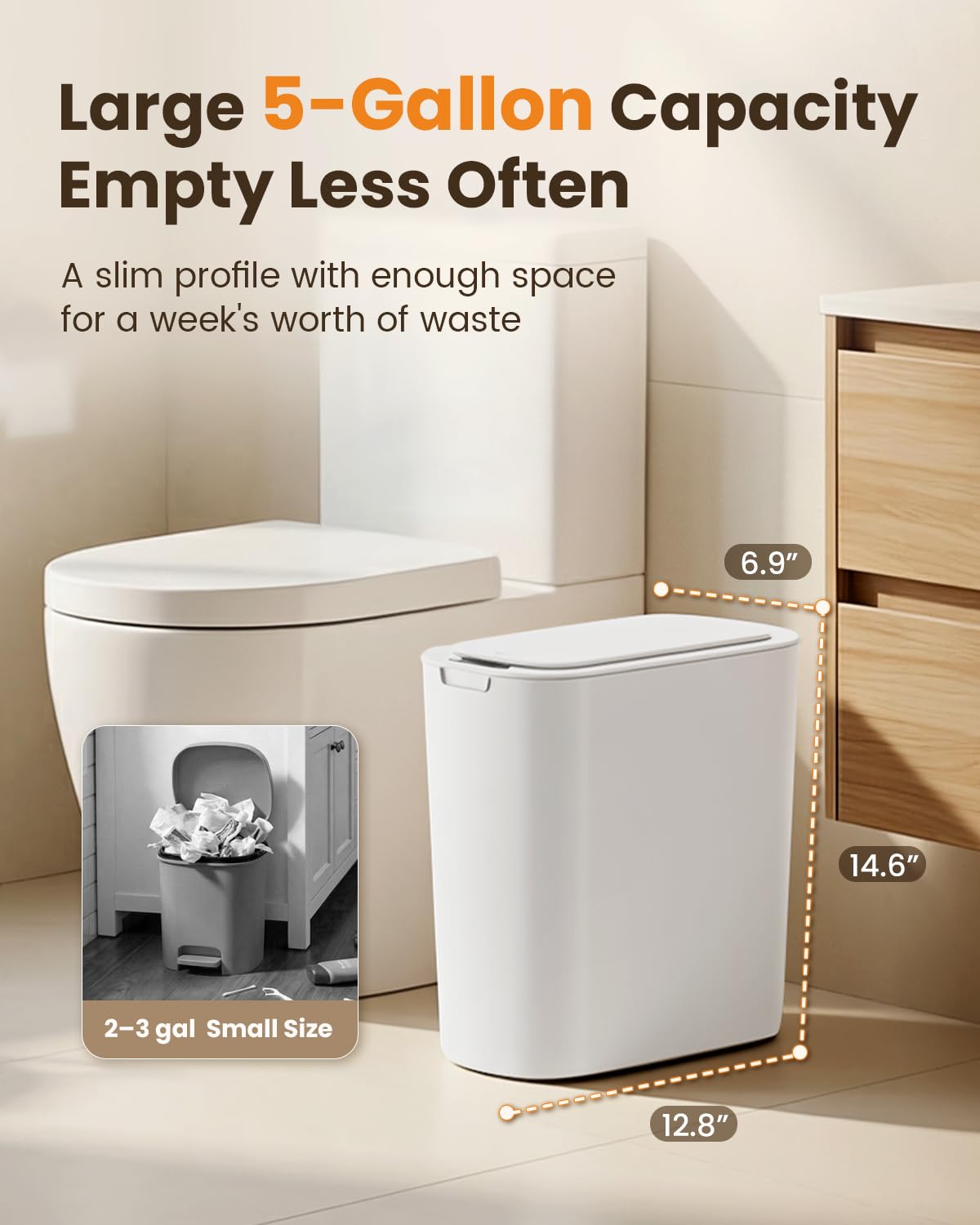 5 Gallon Automatic Bathroom Trash Can with Lid, White, Touchless
